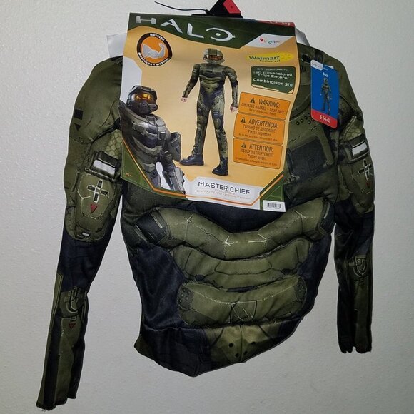 NEW Halo Master Chief Halloween Costume Boys Small 4-6 Green Mask Muscles - Picture 2 of 6